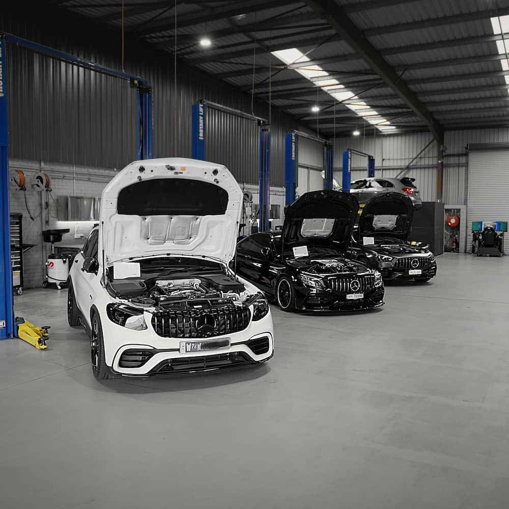 Car in workshop receiving Mercedes Power Upgrades